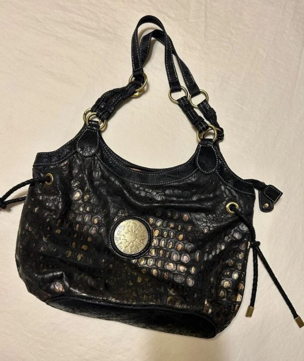 RUBY Rd Womens Black EMBOSSED Shoulder Bag Gold Medallion Double Strap PURSE